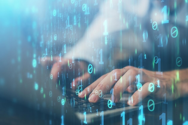 multi exposure of data internet theme hologram with man working on computer on background concept of innovation