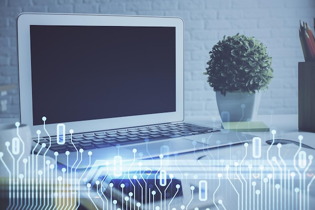 multi exposure of desktop with personal computer and tech theme drawing concept of bigdata