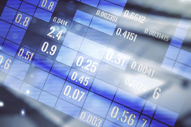 Multi exposure of stats data illustration on blurry abstract metal background computing and analytics concept