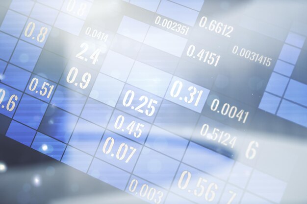 multi exposure of stats data illustration on empty corporate office background computing and analytics concept