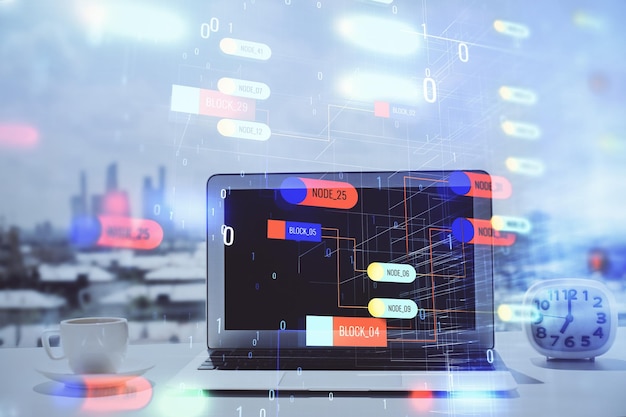 Multi exposure of table with computer on background and data theme drawing Concept of innovation