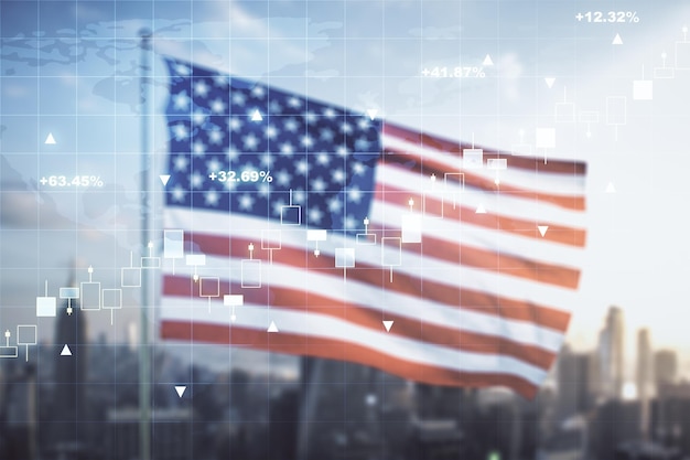 multi exposure of virtual abstract financial graph hologram and world map on us flag and skyline background financial and trading concept