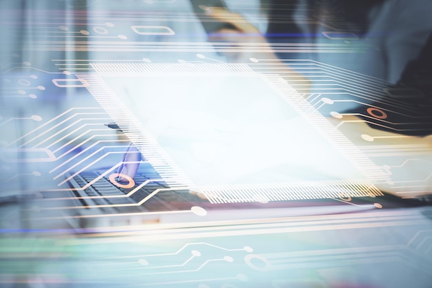 Multi exposure of woman hands working on computer and data theme hologram drawing Tech concept