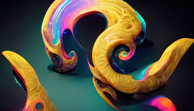 Multicolor neon oro astratto dinamico fluido liquido vortici forma sfondo 3D illustrazione digitale