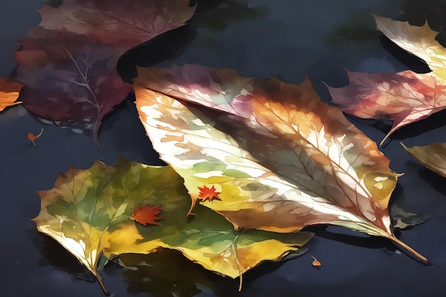 multicolore astratto mistero foglie secche sullo stagno pittura colorata su carta immagine ad acquerello HD