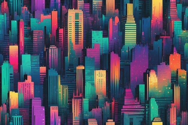 Multicolore Glitch Effect Textured Cityscape Pattern