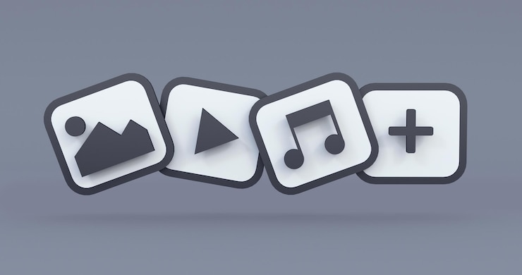 Photo multimedia icons in black background 3d render