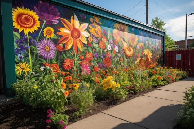 Murale colorato di fiori che sbocciano con il sole che splende attraverso creato con intelligenza artificiale generativa