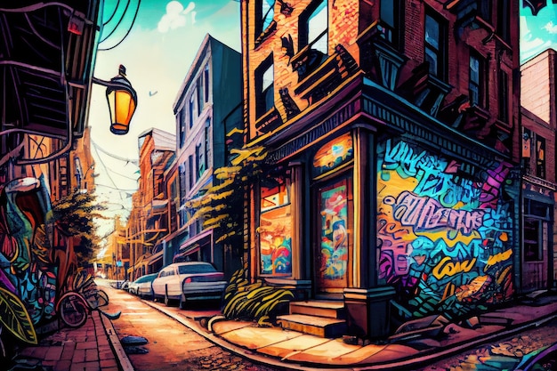 Murale di graffiti raffigurante una vivace scena di strada cittadina creata con l'intelligenza artificiale generativa