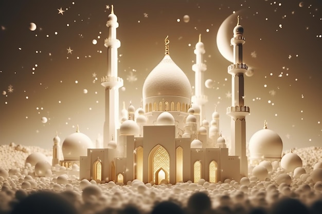 Muro bianco 3D con ornamenti d'oro e una moschea con ornamenti arabi IA generativa