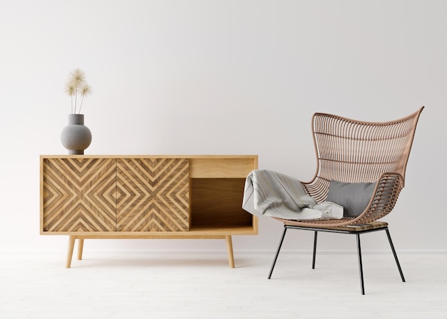 Muro bianco vuoto nel soggiorno moderno. Mock up interni in stile scandinavo e boho. Spazio libero, copia spazio per la tua immagine, testo o un altro design. Consolle in legno e poltrona in rattan. Rendering 3D