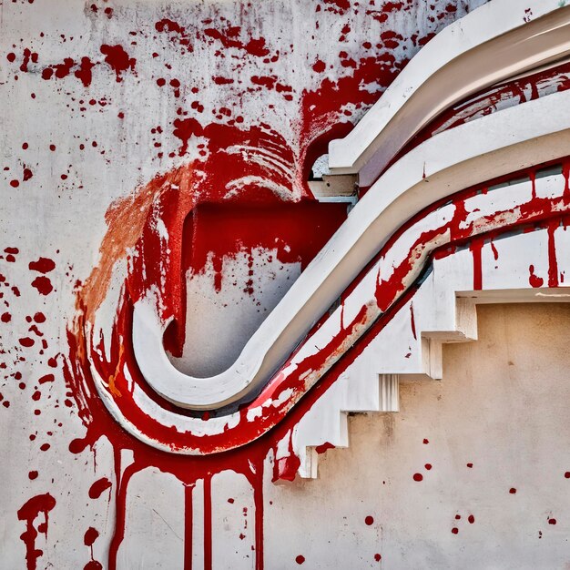 Muro di cemento bianco con trama di sfondo con striature di vernice rossa simile al sangue