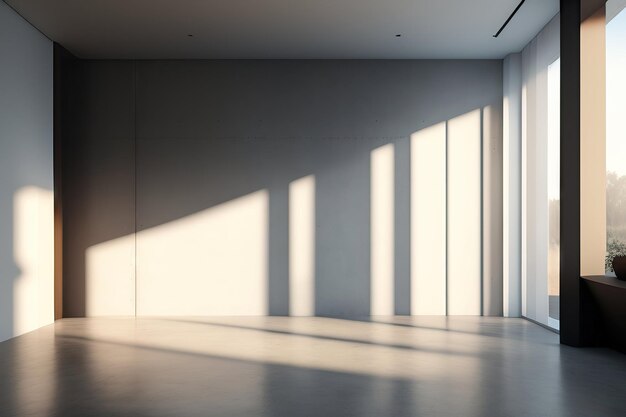 Muro di cemento bianco grezzo a trama ruvida, grande finestra con cornice bianca all'ombra della griglia del sole su c