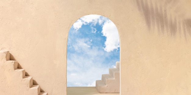 Muro di cemento con arco e scale e ombre tropicali Sfondi interni astratti con vista cielo blu