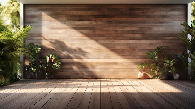 Muro di cemento con elementi di legno ombre sulla parete giardino tropicale luce solare generazione AI