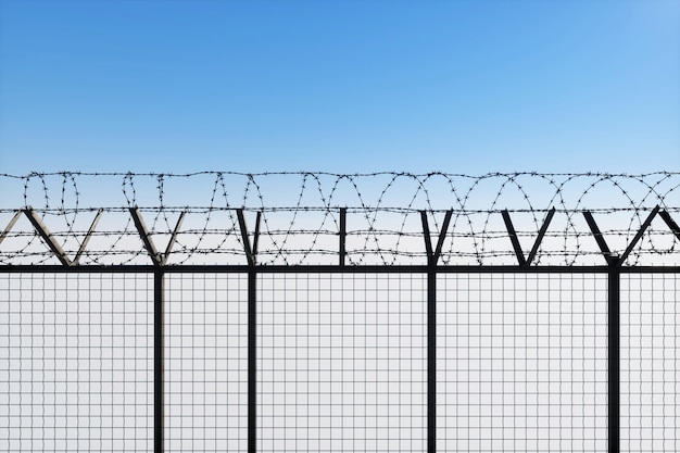 Muro di cemento con filo spinato contro il cielo blu Concept prigioni di frontiera rifugiati solitudine 3D