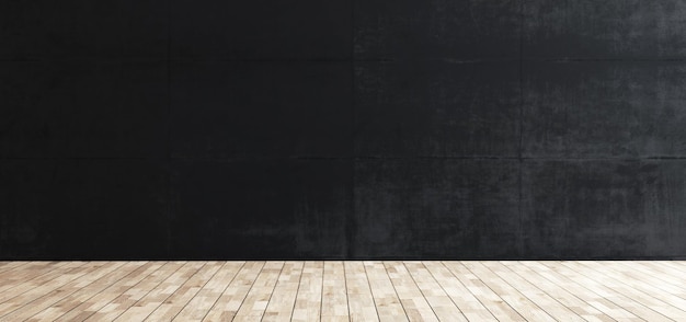 Muro di cemento nero e pavimento in legno per prodotto e rendering 3d di sfondo vuoto o simulato