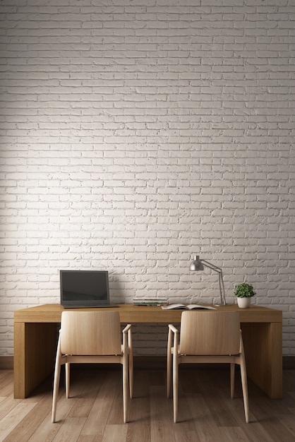 Muro di mattoni bianchi con scrivania moderna