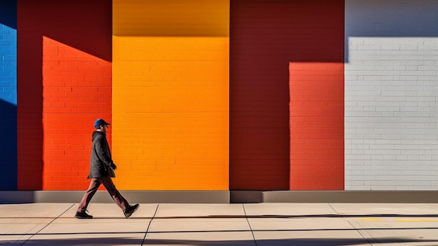 Muro di mattoni dai colori vivaci con un uomo che cammina lungo il marciapiede generativo ai