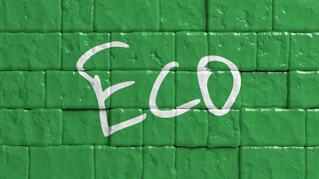 Muro di mattoni dipinto di verde con graffiti di testo Eco