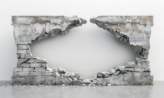 Muro di mattoni distrutto su sfondo bianco