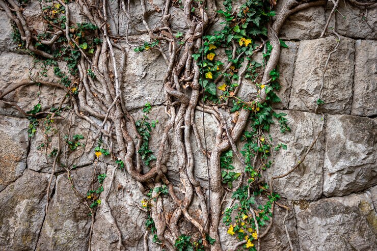 Muro di pietra ricoperto di edera. Un vecchio muro con una pianta. Pianta rampicante.