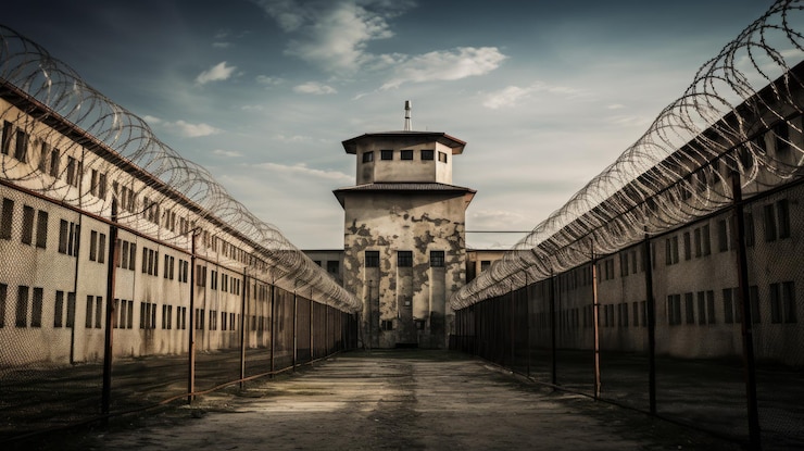 Foto muro di prigione con filo spinato e torre di sorveglianza generata una rete neurale