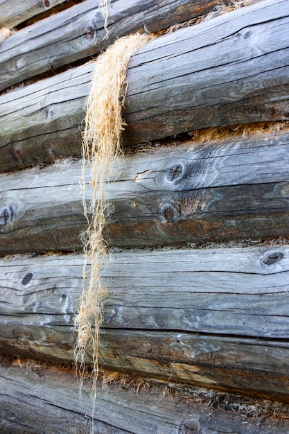 Muro di una vecchia casa di tronchi da tronchi e rimorchio tra di loro Vecchi tronchi Sfondo texture in legno
