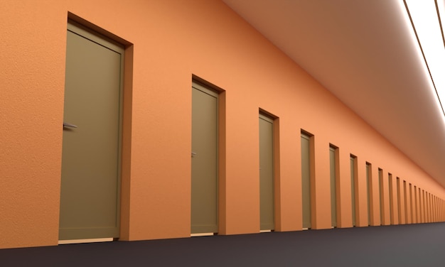 Muro giallo con molte porte rendering 3D