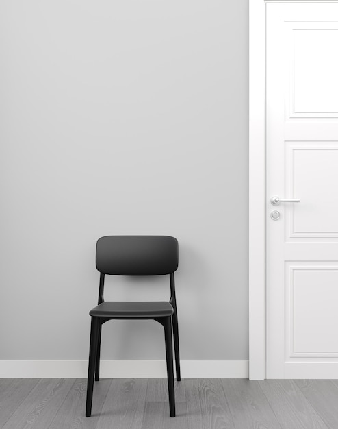 Muro vuoto mock up con sedia nera, porta e pavimento in legno, rendering 3D.