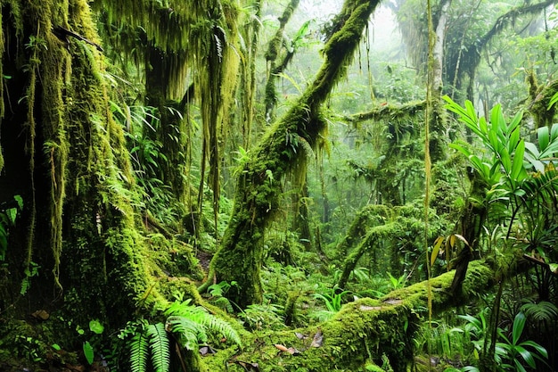 muschio e felci sugli alberi nella foresta tropicale scura o nella giungla Costa Rica America centrale