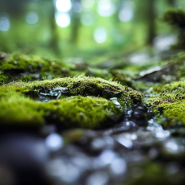 Muschio verde bagnato sullo sfondo del pavimento della foresta primaverile