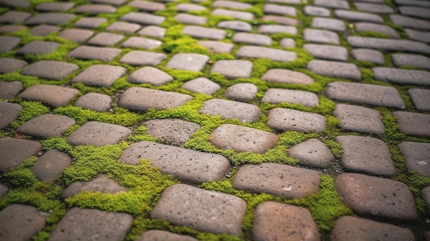 Muschio verde della pavimentazione acciottolata fra il fondo del mattone