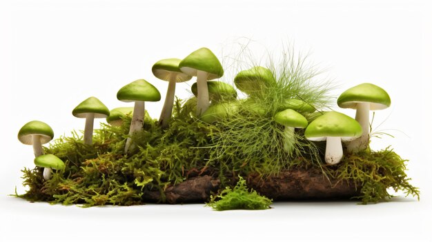 Muschio verde e funghi isolati su fondo bianco