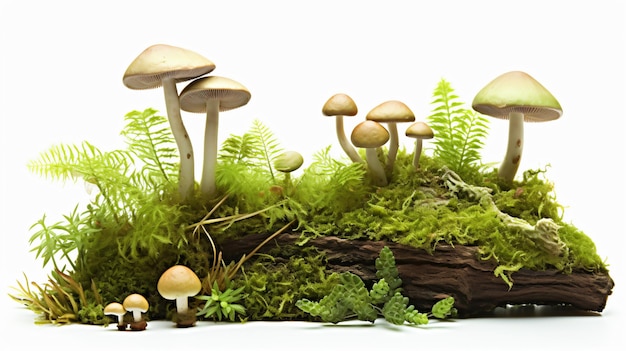 Muschio verde e funghi isolati su fondo bianco