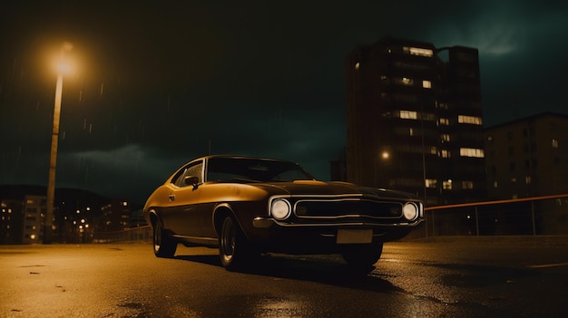 Muscle car d'epoca parcheggiata per strada di notte scena retrò synthwave in stile anni '80 con potente guida in serata AI generata