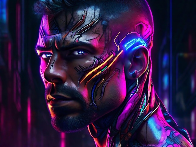 Muscoloso Cyborg Man Uomo che cammina in una città cyberpunk distopica