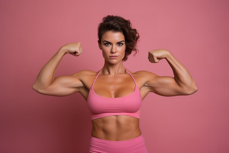 Muscular woman shows her arm muscles