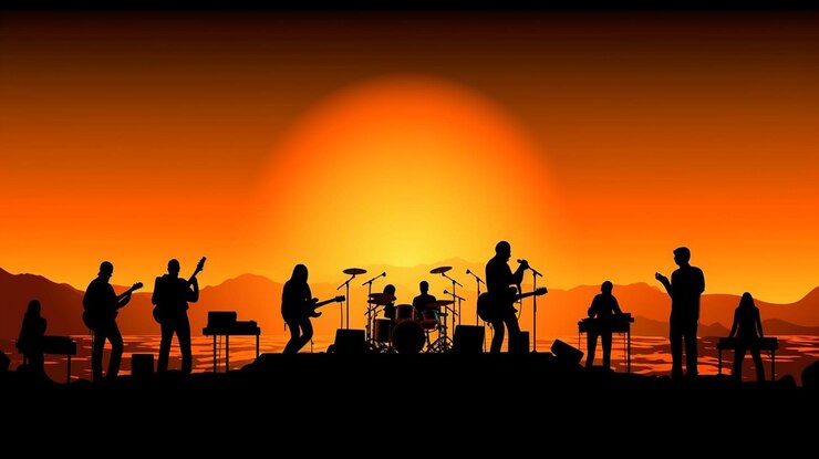 Music concert background with silhouettes of musicians on stagegenerative ai