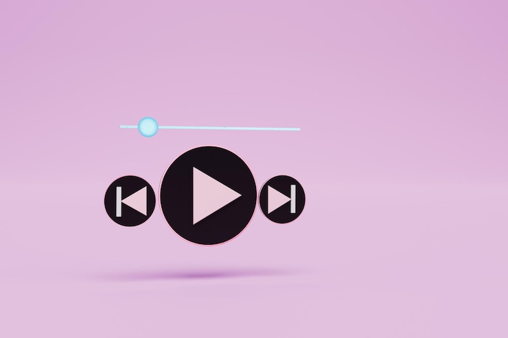 Photo music track playback control buttons and playback track on a pink pastel background.