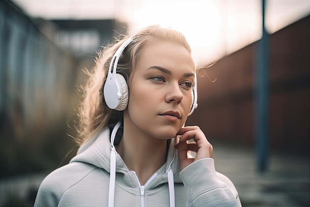 Musica d'ascolto della giovane donna con le cuffie sul parco AI generativo
