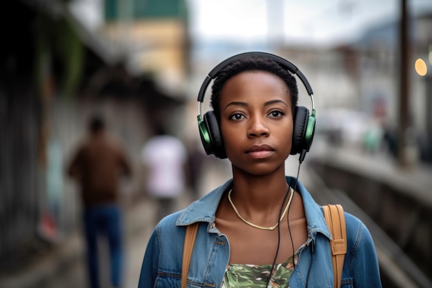 Musica donna nera e cuffie per lo streaming audio nella città urbana creata con intelligenza artificiale generativa