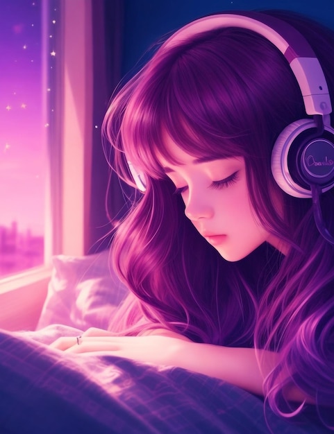 musica lofi bella ragazza che ascolta musica e carta da parati del letto addormentato AI generativa