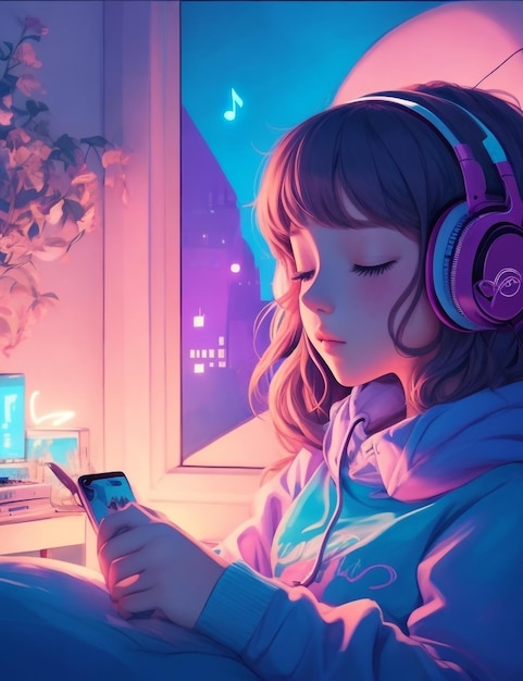 musica lofi una bella ragazza che ascolta musica e carta da parati del letto addormentato AI generativa