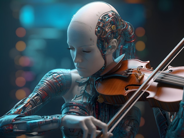 Musicante robot AI femminile che suona il violino Intrattenimento futuristico sul palco generato da AI