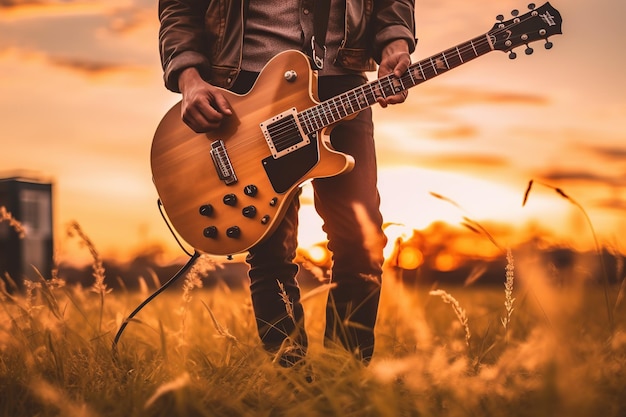 Musicista con la chitarra sull'erba al tramonto Amante della musica Amo la musica