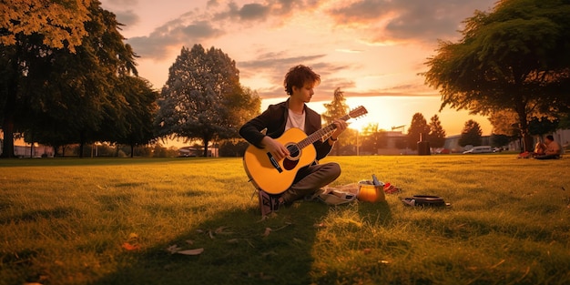 Musicista con la chitarra sull'erba al tramonto Amante della musica Amo la musica