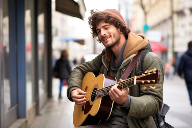 Musicista di strada che suona la chitarra per i passanti