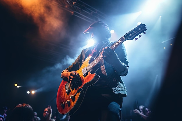 Musicista in un'illuminazione brillante e fumo con la chitarra su un concerto