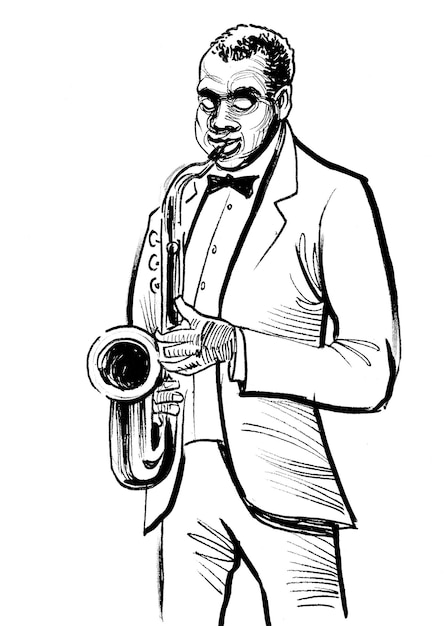 Musicista jazz afroamericano che suona il sassofono. Disegno a inchiostro in bianco e nero